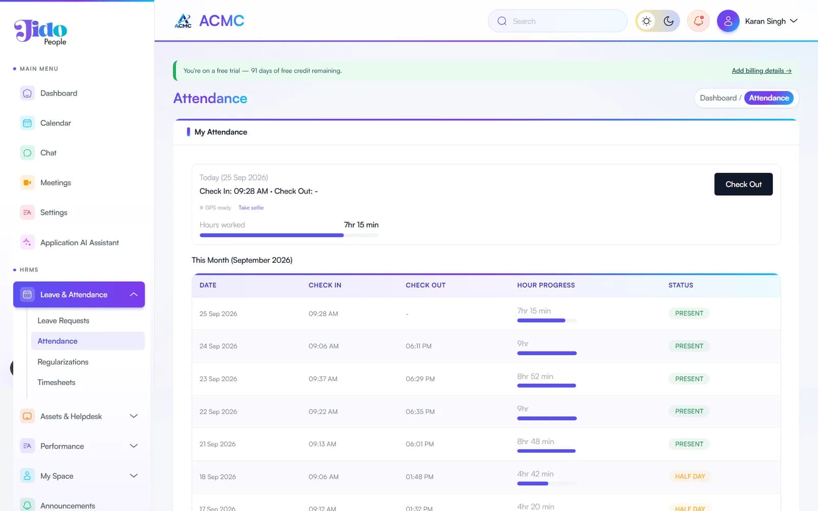 Jido People attendance and check-in screen